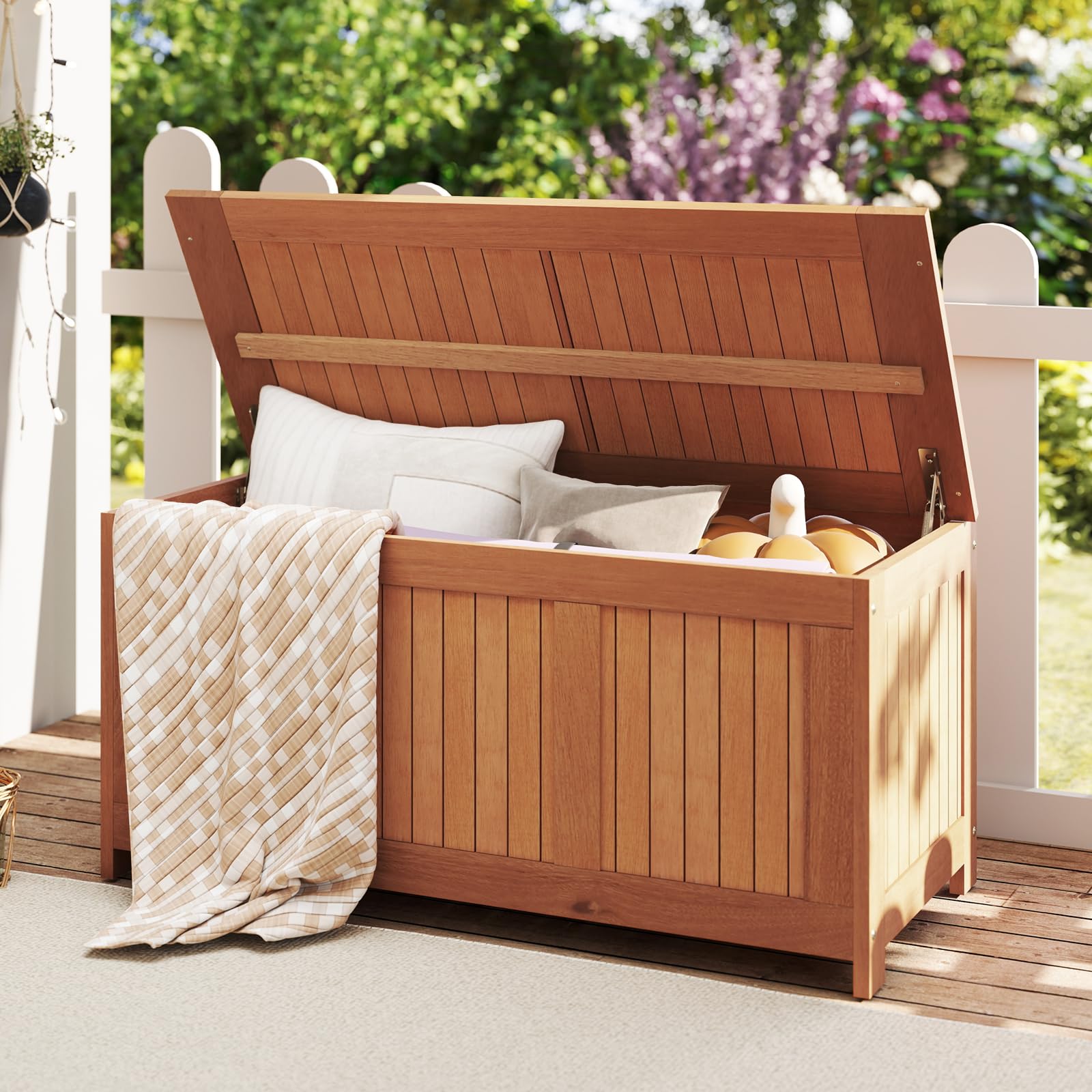 COSTWAY Baule da Giardino 220L, 3 in 1 Cassapanca Contenitore in Legno Massello con Coperchio Ribaltabile e Bordi Rialzati, Panca Portaoggetti per Interni e Esterni, 113,5 x 52 x 58,5 cm