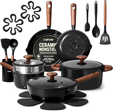 CAROTE 21pcs Ceramic Cookware Set, Pots and Pans Set
