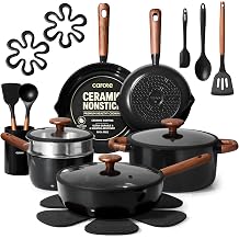 CAROTE 21pcs Ceramic Cookware Set, Pots and Pans Set | Non-Toxic Healthy Cooking Set with Silicone Lids, Dishwasher Safe, Even Heating, with Steamer &amp; Silicone Trivet, PFAS FREE