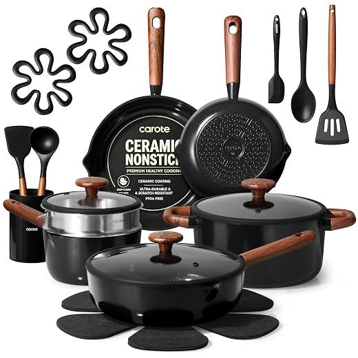 CAROTE 21pcs Ceramic Cookware Set, Pots and Pans Set