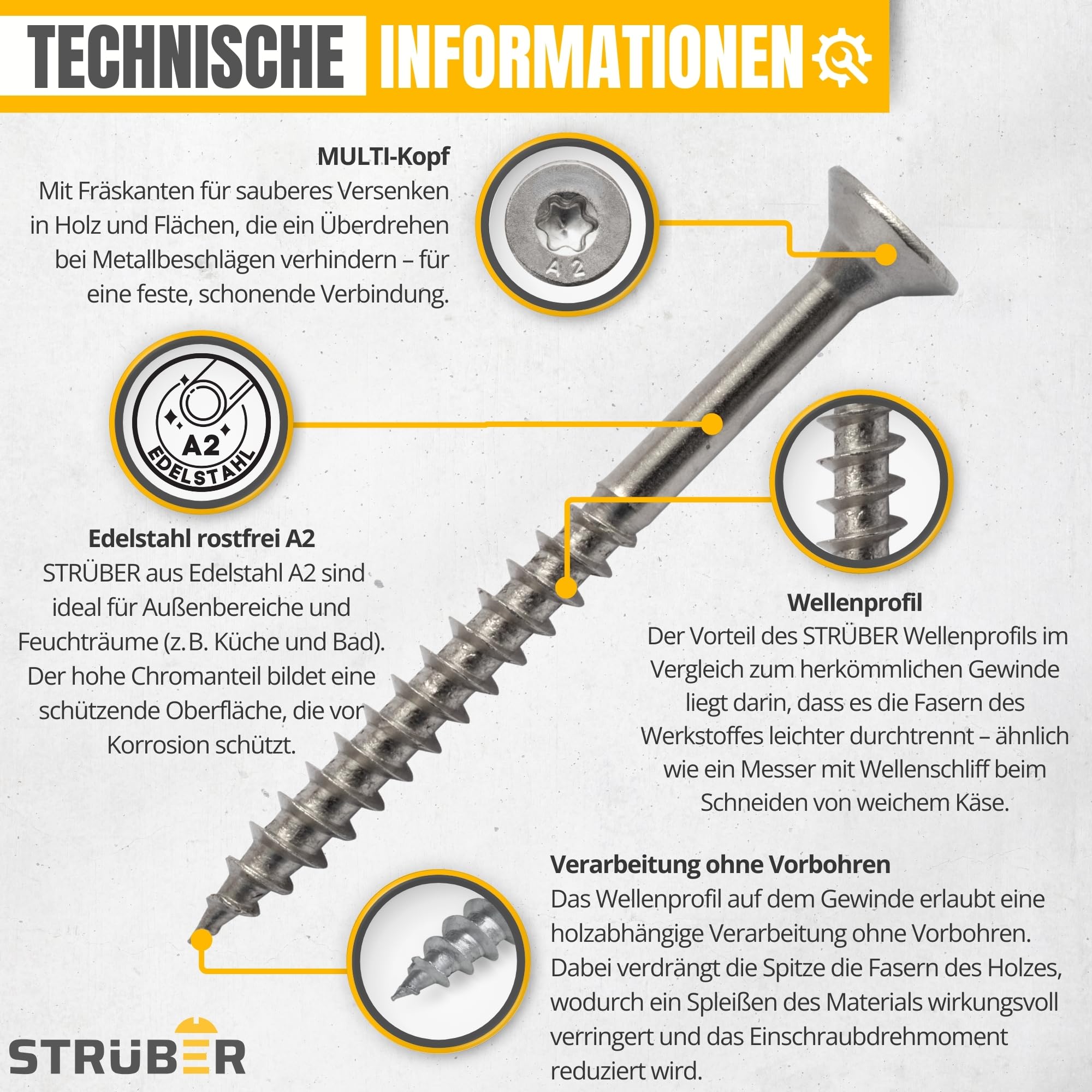 STRÜBER Universalschraube aus Edelstahl rostfrei A2 mit Senkkopf & Torx-Antrieb (3,5 x 30 mm / 200 Stk.) - Holzschraube - Spanplattenschrauben - Teilgewinde - TX-Bit inkl. - ETA