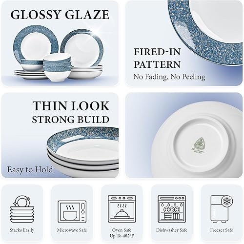 Miniatura 4 de Minh Long - Juego de vajilla de porcelana de 12 piezas, platos, cuencos, servicio para 4, resistente a astillamientos y arañazos, apto para horno