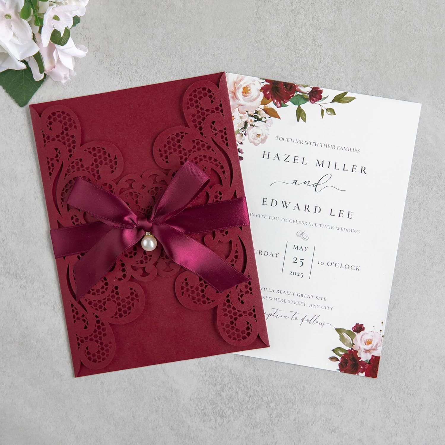 20Pcs 5.12x7.09 inch Laser Cut Wedding Invitation Cards With Envelopes and Ribbons for Quinceanera Bridal Shower Baby Shower Party Invite (Burgundy)