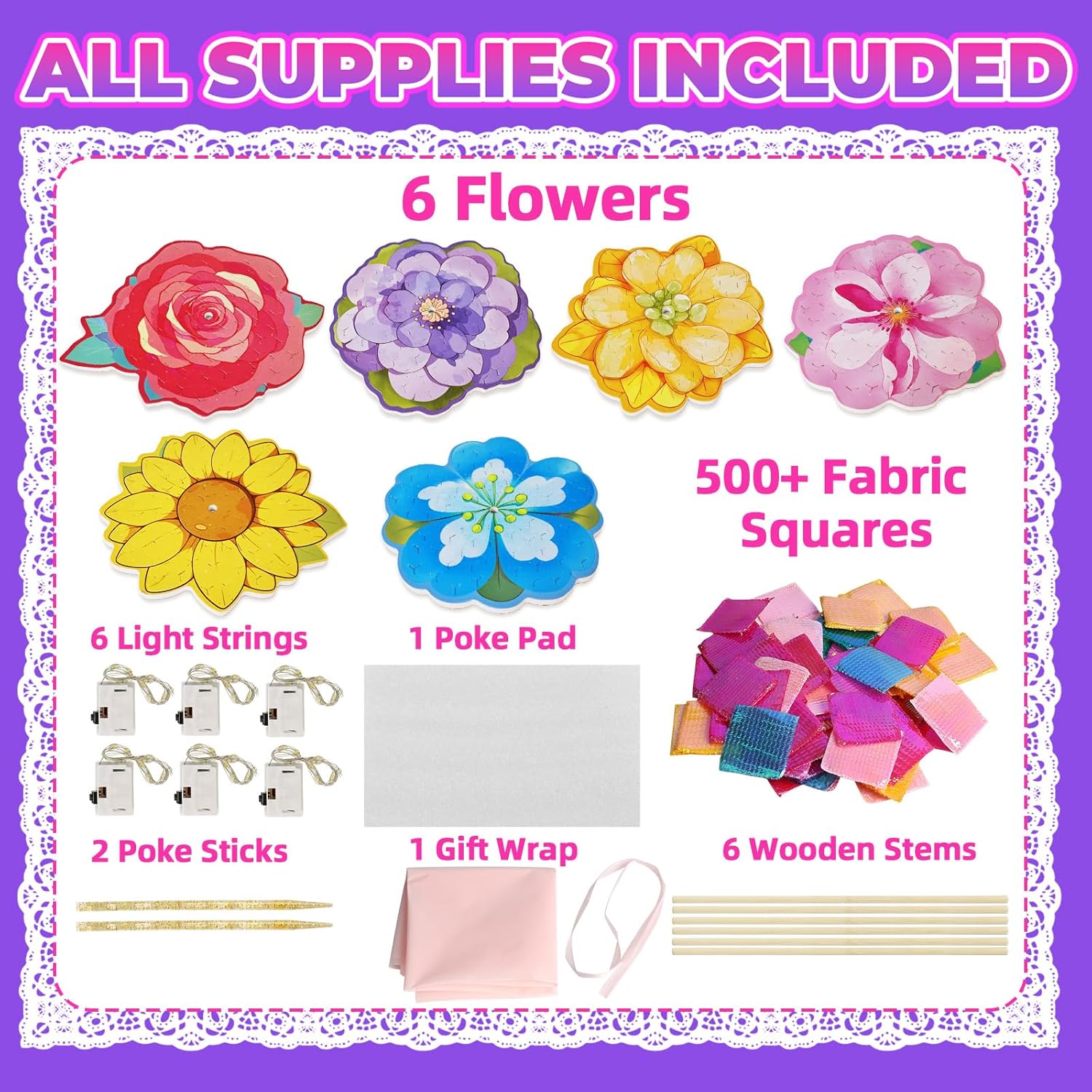 Vinkp Flower Bouquet Art Craft Kit, Arts and Crafts for Kids Ages 4-8, Poke Kit with with 6 Flowers & 6 Light Strings, Mess-Free for Girls & Boys, Craft Gift for Girls Ages 4, 5, 6, 7, 8+