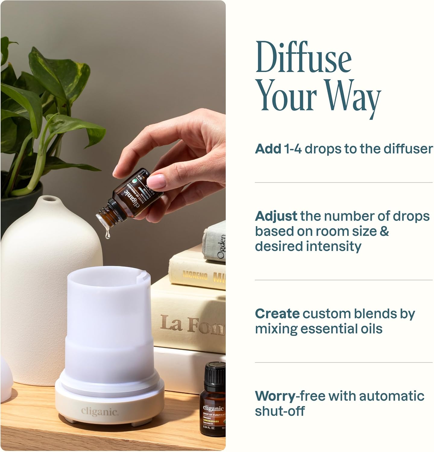 Cliganic Signature Essential Oils Diffuser Set – Aromatherapy Humidifier with LED for Home, Office & Bedroom Includes Peppermint, Lavender, Tea Tree & Orange Essential Oils Christmas Gift Kit - Image 4