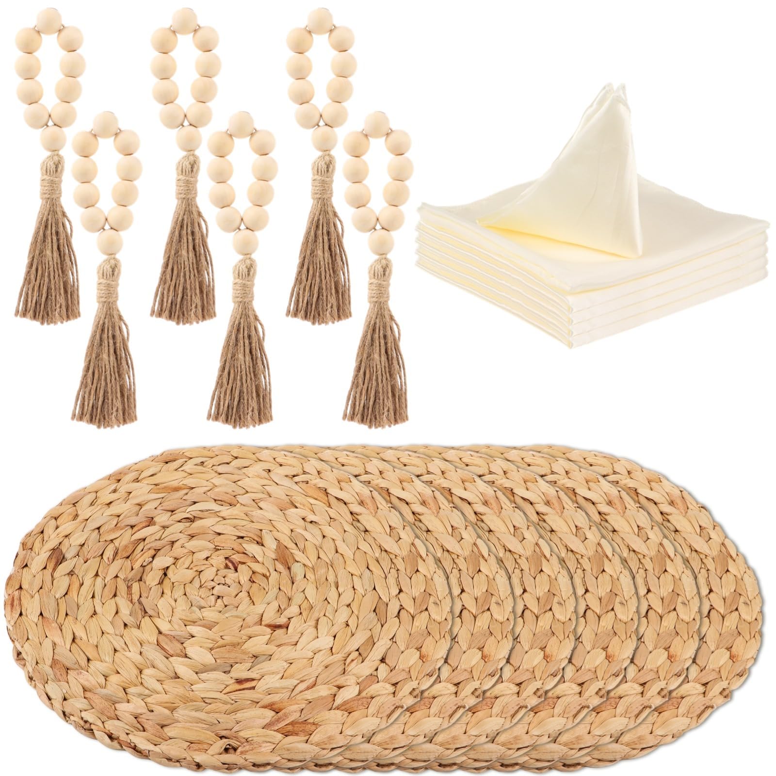 6-teiliges Boho-Wasserhyazinthen-Set, runde geflochtene Tischsets mit Holzperlen-Serviettenringen & Dinner-Servietten, farmhouseartige, hitzebeständige Tischsets