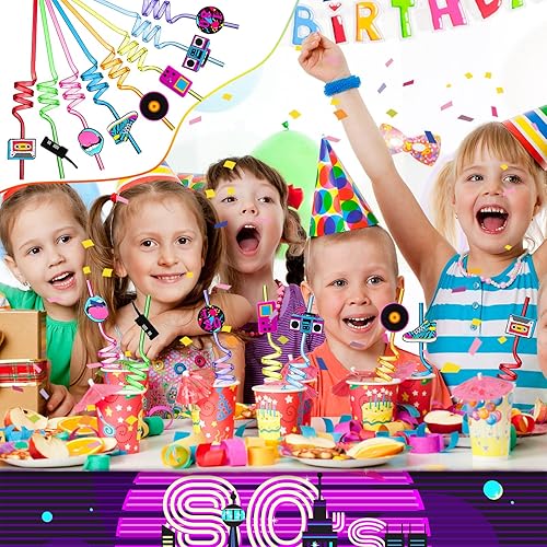 Miniatura 5 de Decoración de fiesta de los años 80, pajilla, temática de hip hop, pajitas tontas para beber con texto en inglés "I Love 80s Radio Boombox,