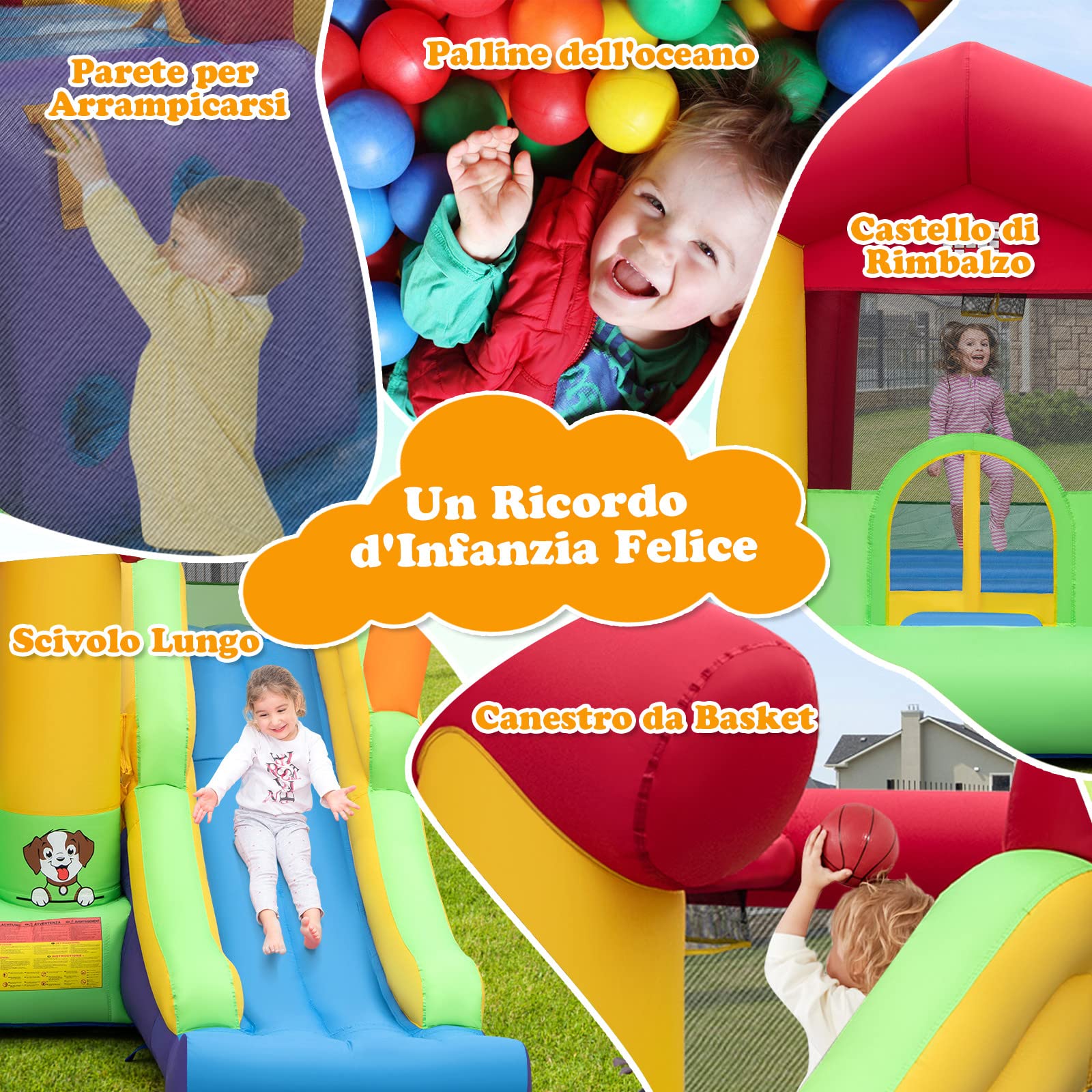 COSTWAY Castello Gonfiabile per Bambini, Casa Gonfiabile con Scivolo, Trampolino e Canestro da Basket, 50 Palline Colorate e Soffiatore, Con Borsa di Trasporto e Kit di Riparazione, 325 x 290 x 205 cm