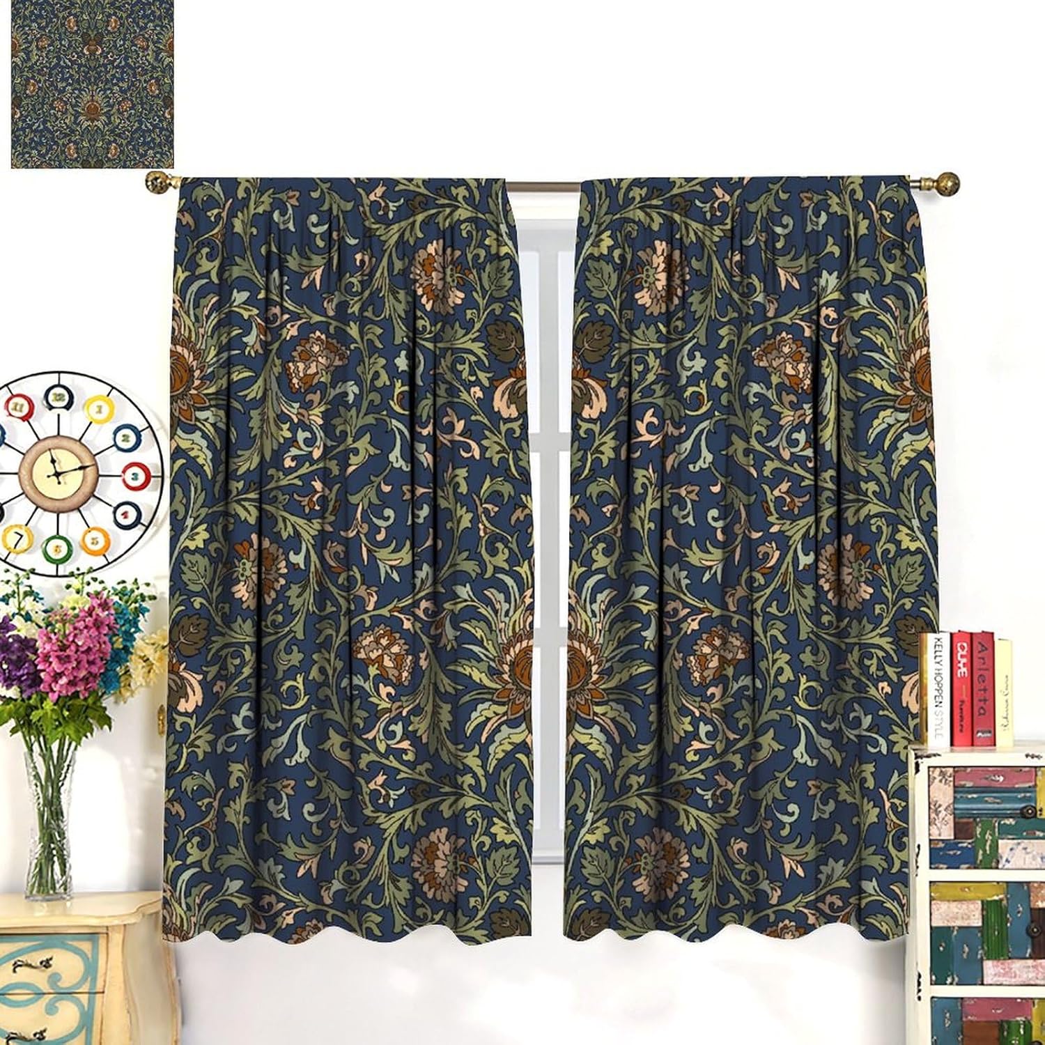 William Morris Curtain, Vintage Green Rustic Botanical Plant Pattern Blackout Window Treatments, Rod Pocket Thermal Insulated Drapes 2 Panel Sets for Bedroom Living Room Kitchen, 42" W X 45" L