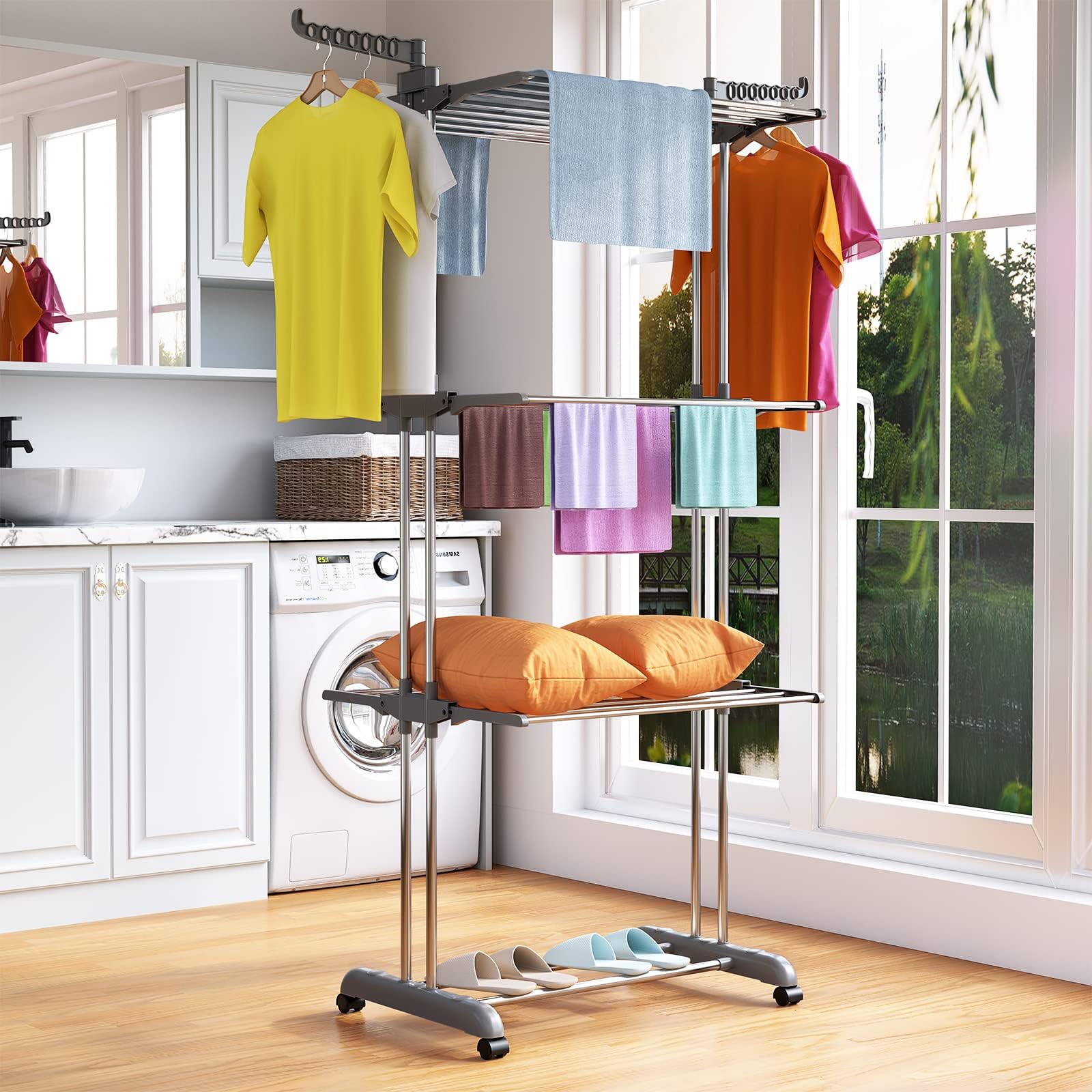Innotic Etendoir Linge Intérieur et Extérieur, 4 Niveaux Séchoir à Linge Pliable, Seche Linge avec Roues, 172cm Gris
