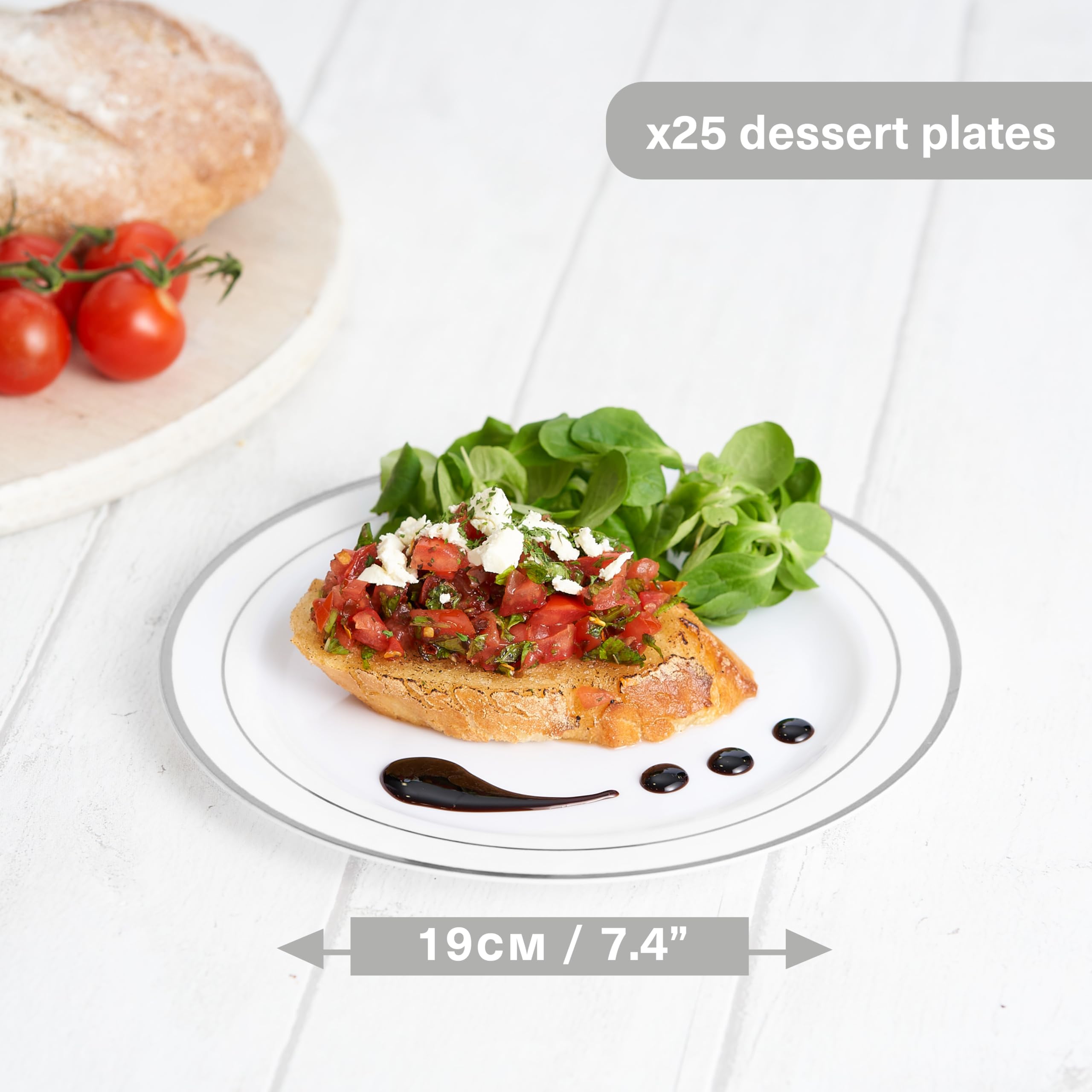 MATANA 25 Premium White Plastic Dessert Plates with Silver Rim, 19cm / 7 Inch, Elegant & Reusable Small Side Plates - Image 2