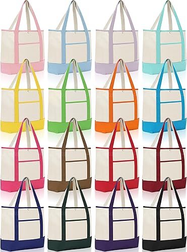 Sanwuta Paquete de 16 bolsas de lona de poliéster a granel con bolsillo exterior, extra grandes, reutilizables, para compras, viajes, para mujeres,