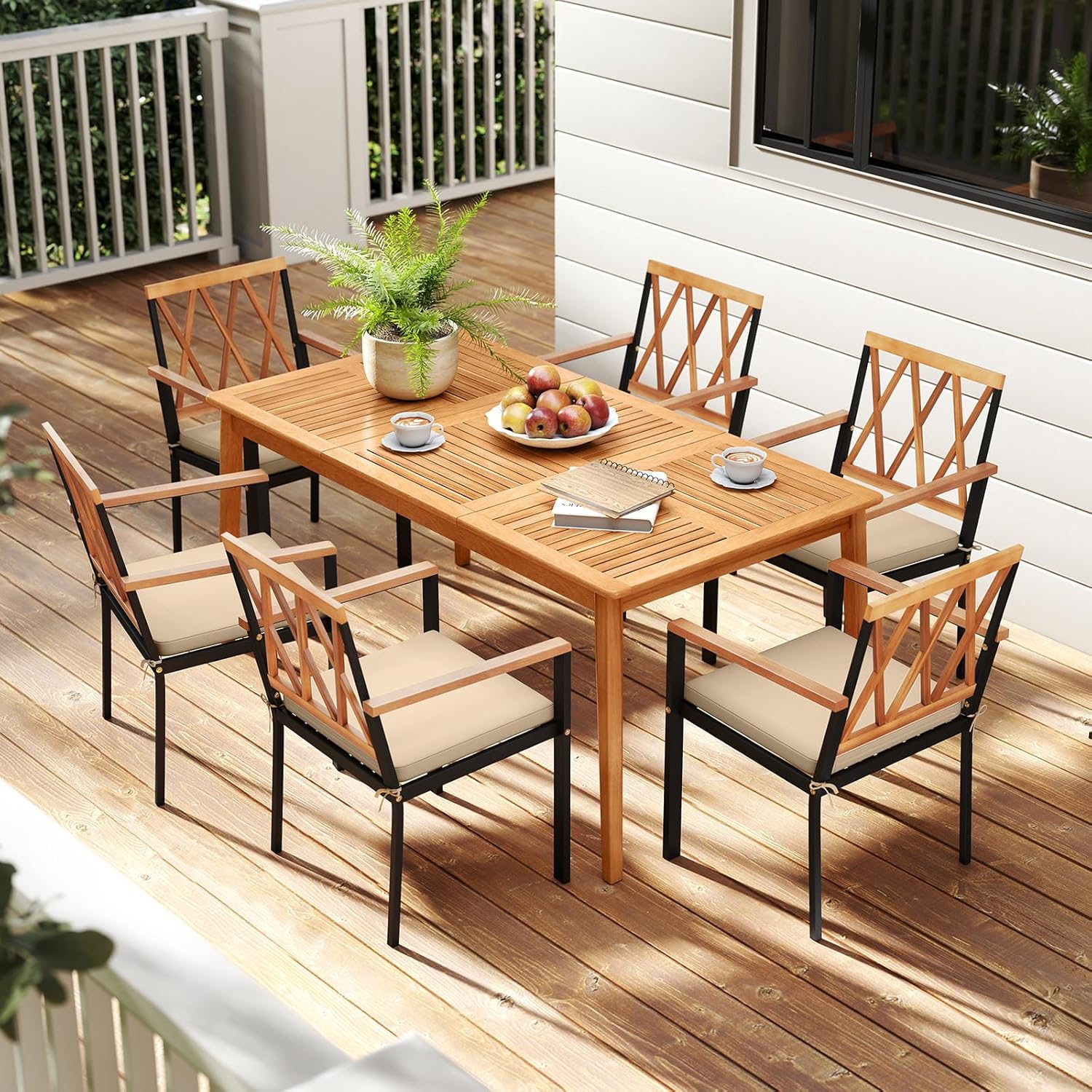 Tangkula 7 Piece Wood Outdoor Dining Set for 6, Rectangular Patio Acacia Wood Table Set with 6 Cushioned Chairs, Umbrella Hole, Heavy Duty Metal Frame for Deck Porch Backyard