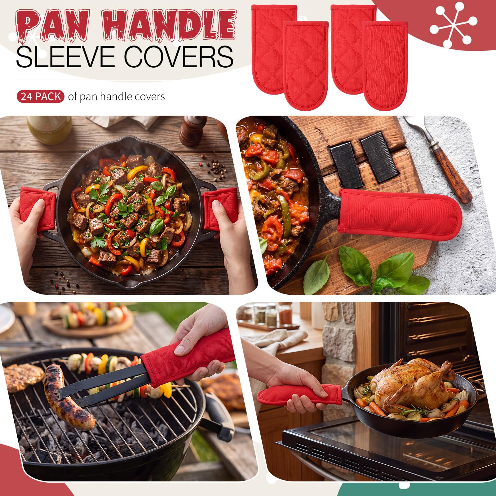 Dandat Set di 24 coperture per maniglie calde per uso quotidiano, per sostituire i regali, in ghisa, resistenti al calore, lavabili, per Natale, cucina, regali artigianali (rosso)