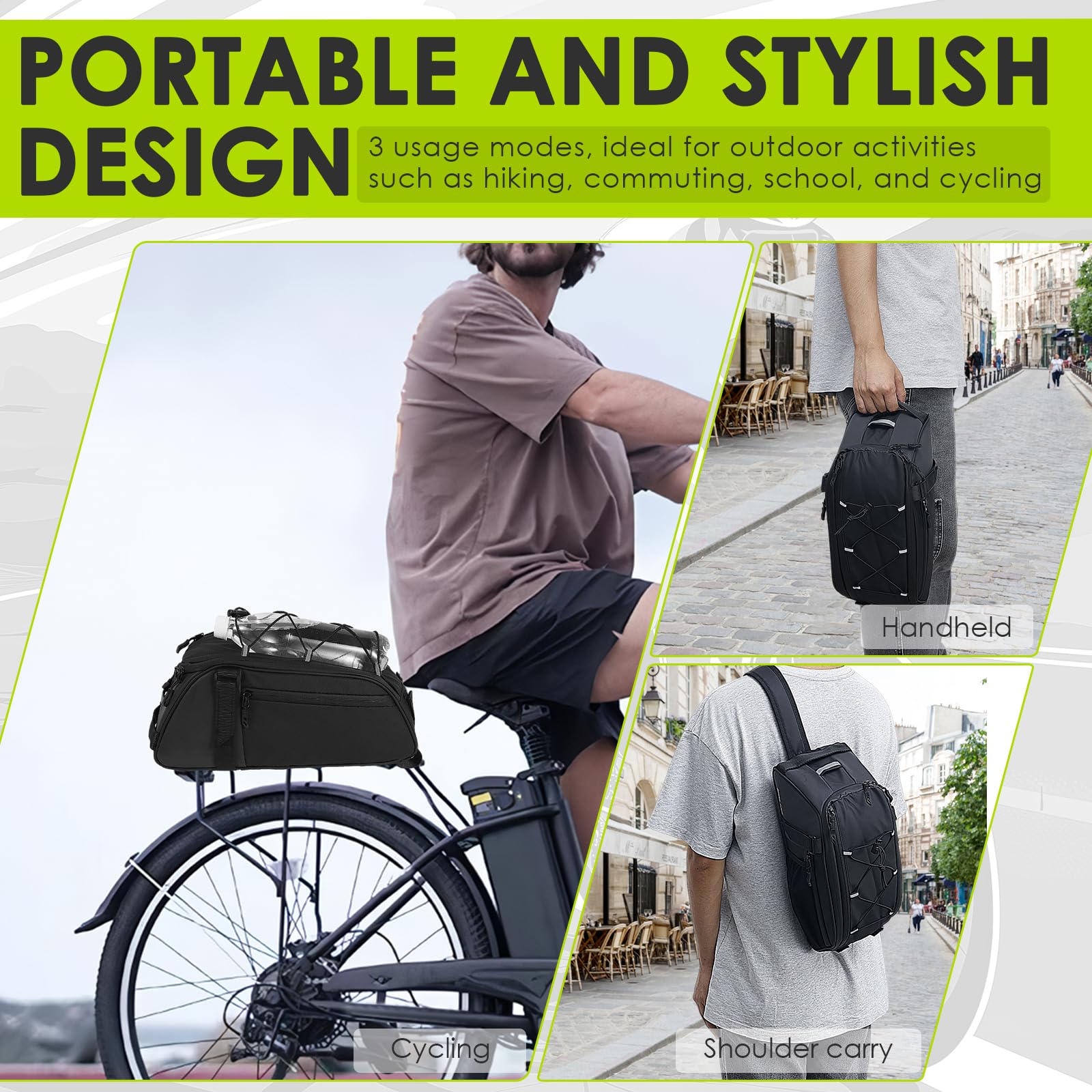 Fahrradtaschen für Gepäckträger, 8L Oxford-Stoff Gepäckträgertasche Wasserdicht mit Reflektoren, Tragegriff und Schultergurt, Gepäcktaschen Fahrrad 