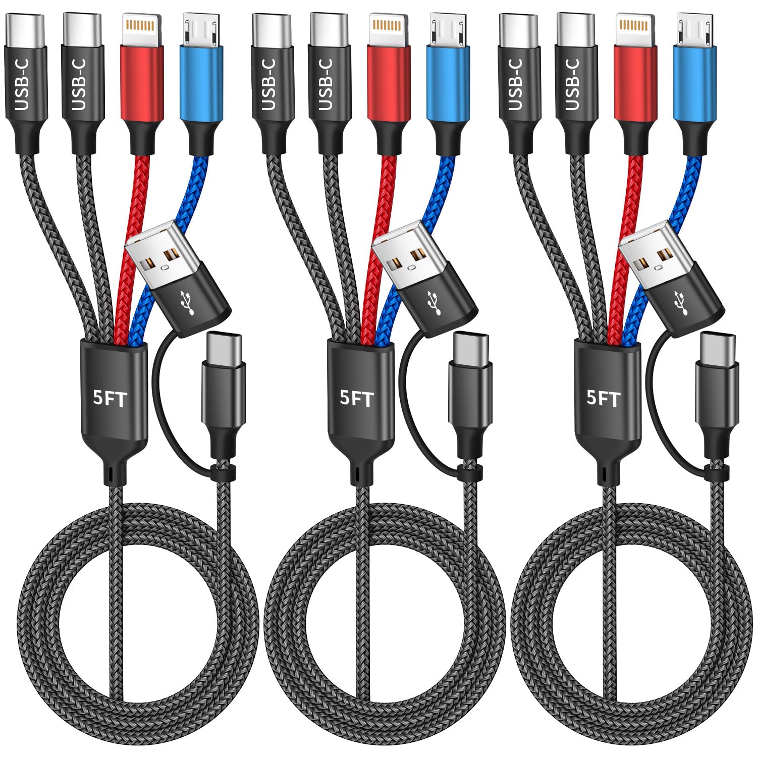 View 1 of **********MISSING PARTS*******
Travel 4 in 2 Charging Cable with Dual Type-C Port, USBA/C Multi Charging Cable Cords for Multiple Devices, Multiple Phone Charger Cord for iPhone17-8, Android, iPad, Car Accessories (3Packs 5FT)