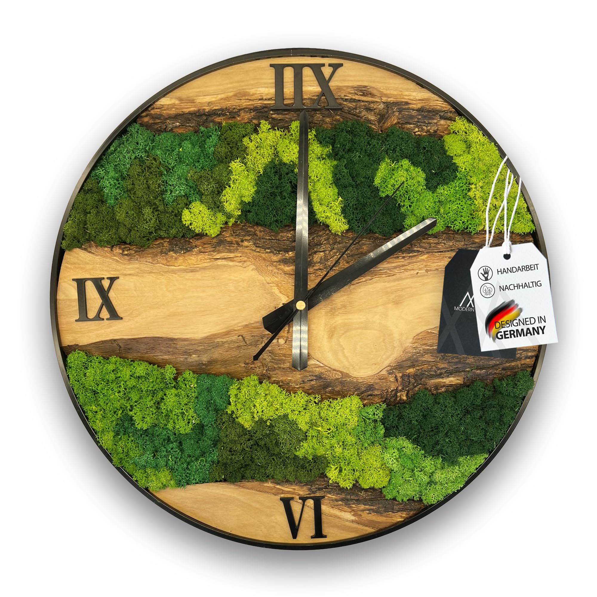 MODERNMOMENTS Wanduhr Holz 38 cm – Olivenholz Uhr ohne Ticken, Handgefertigte Massivholz Wand Uhr mit Moos, Lautlose Wohnzimmer Uhr mit schwarzem Metallrahmen
