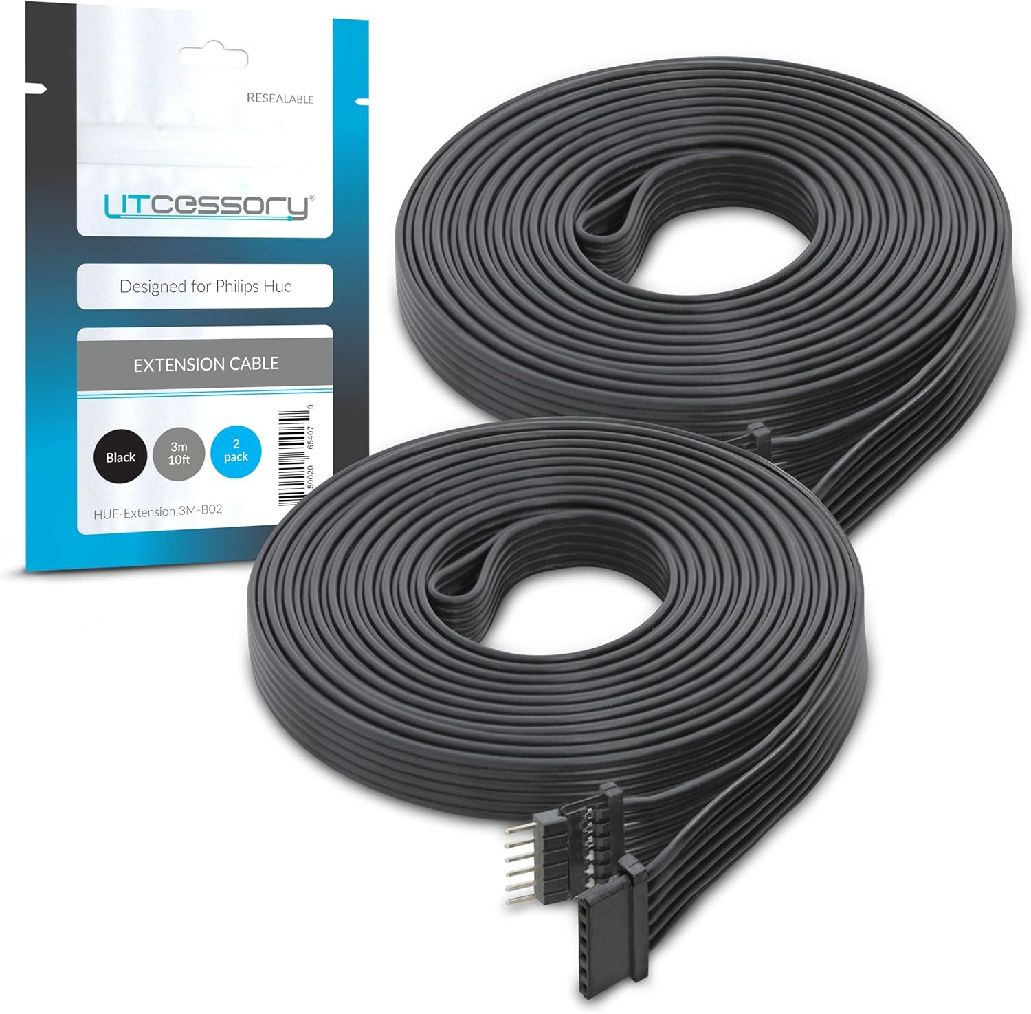 Litcessory Extension Cable for Philips Hue/Solo Lightstrip (10ft, 2 Pack, Black - Micro 6-PIN V4 / Solo Lightstrip)