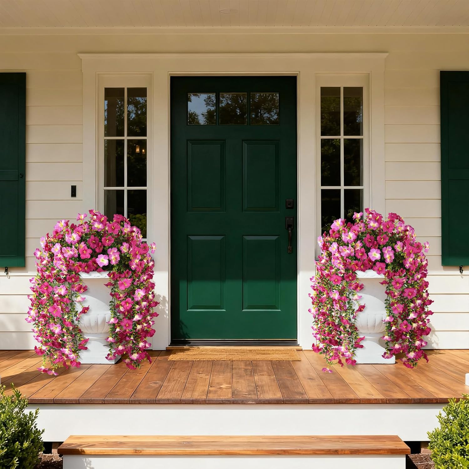 Artificial Fake Flowers Plants for Outdoor Spring Summer Decoration,2 PCS Faux Silk Morning Glory with Eucalyptus Leaves,UV Resistant Realistic Outdoor Flowers for Balcony Porch Patio Yard Garden