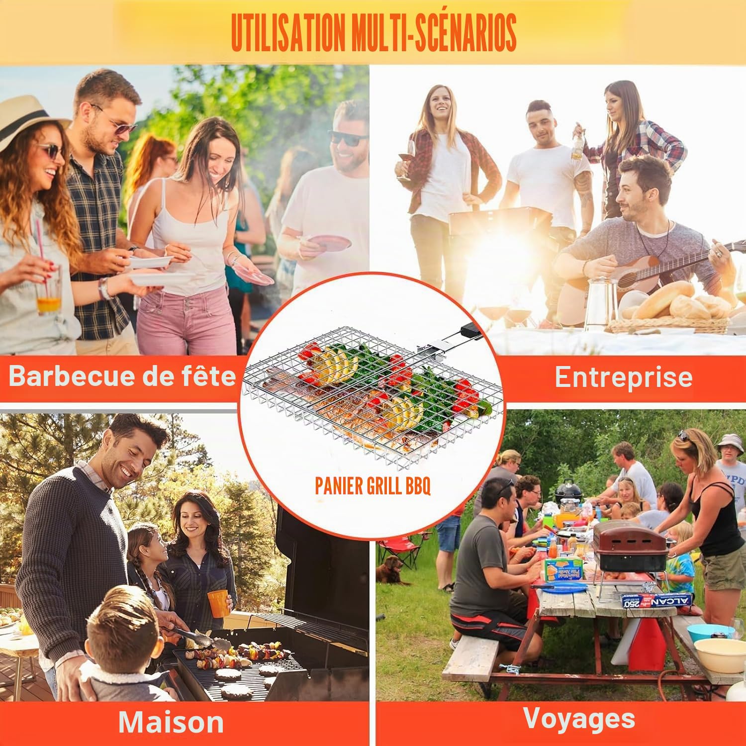 Panier Grille pour Barbecue, Panier à Rôtir à Poisson, Portable, Pliable avec Poignée, Accessoires de Barbecue, Grille de Barbecue Portable pour Poisson Légumes Steak de Crevettes(32 x 22,5 x 4 cm)