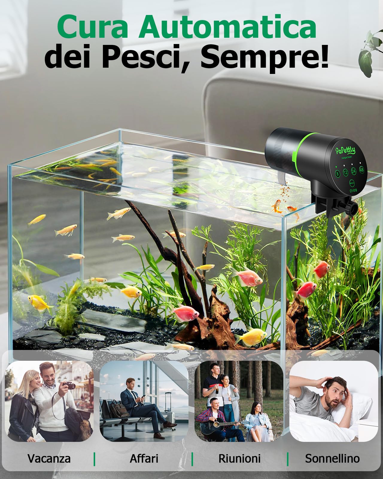 Papettly Mangiatoia Automatica Acquario Automatico Distributore Cibo Pesci a Batteria con Timer, 200ML Mangiatoia Pesci per Vacanza Tartarughe, con 2 batterie AAA e Anello per Alimentatore Pesci
