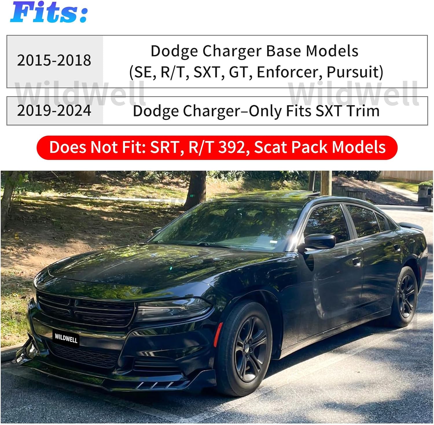 WildWell Front Bumper Lip Splitter Fits 2015-2018 Dodge Charger Base & 2019-2024 Dodge Charger SXT Only, Front Lip Spoiler Accessories Air Dam Chin Guard Carbon Fiber Painted