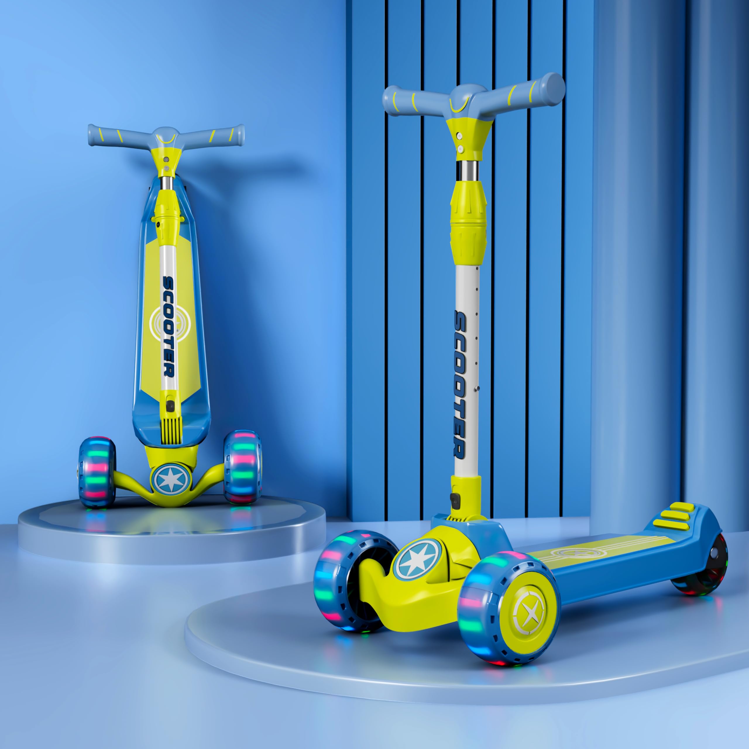 StarAndDaisy Kids Scooter 3-14 Years Girls & Boys / 3 Wheel Led Light Kick Skate Scooter for Kids with 5 Gear Height Adjustment, Upto 100Kg Weight Support Chassis, One Click Easy Fold - Blue&Yellow