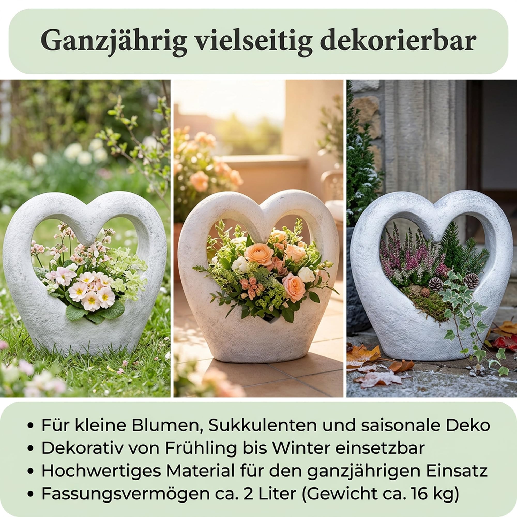 gartendekoparadies.de Liebevolle Pot de fleurs en pierre coulée avec motif cœur résistant au gel pour l'extérieur Gris Hauteur 41 cm 2 l 16 kg