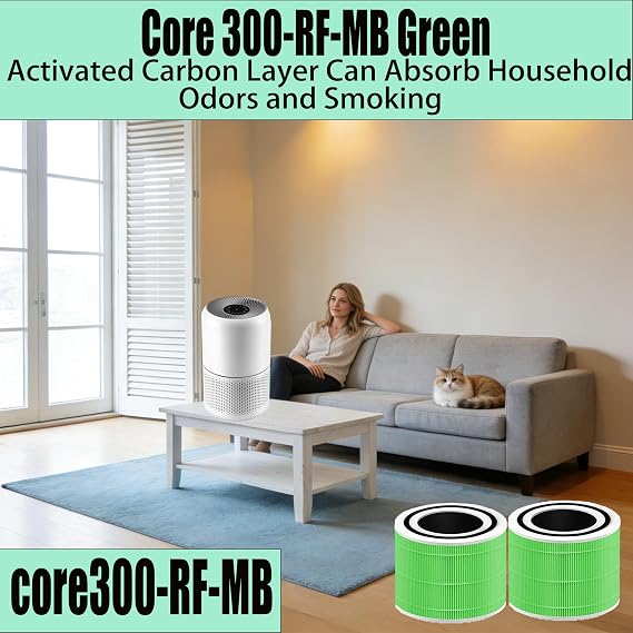 2 Pack Mold & Bacteria HEPA Filters for LEVOIT Core 300 / 300S Air Purifier | 3-in-1 HEPA Activated carbon Filter, Replacement Parts Core 300-RF-MB, Green