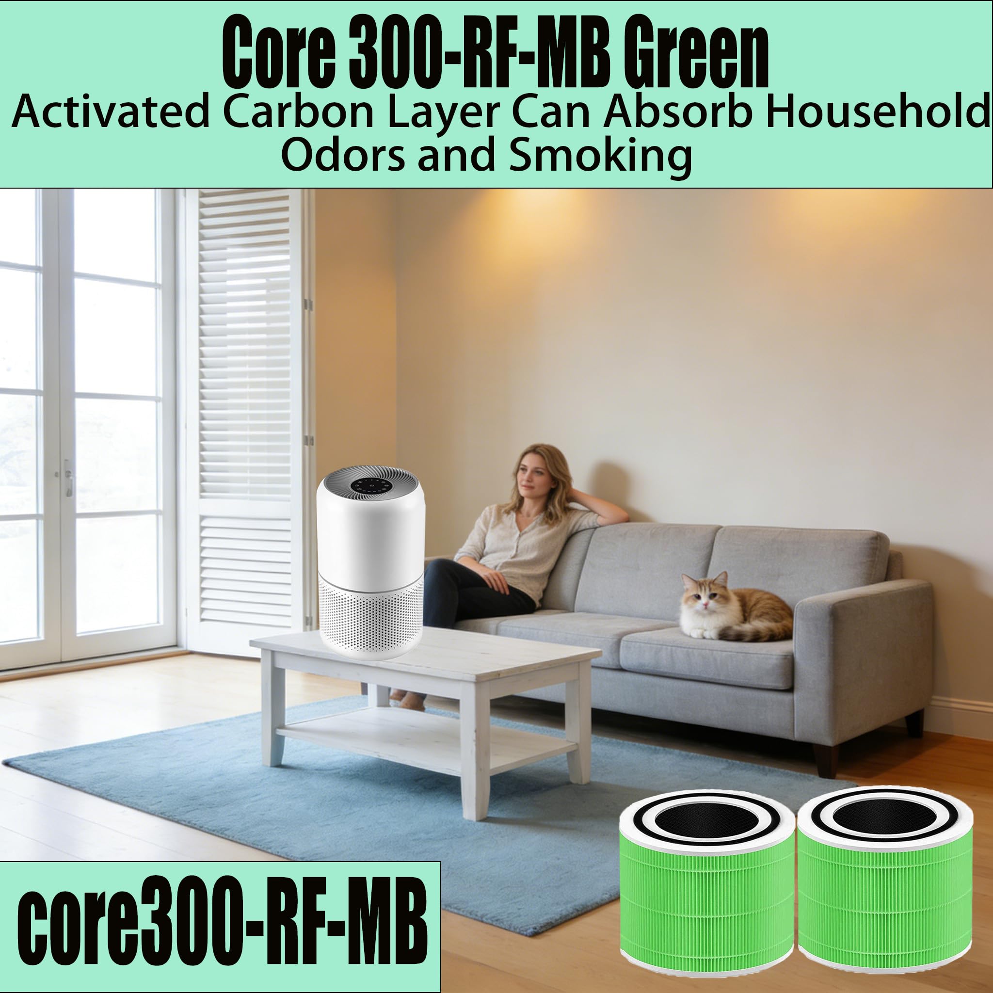 Core 300 Lot de 2 filtres anti-moisissures et bactéries compatibles avec purificateur d'air LEVOIT Core 300/Core 300s, filtre composite HEPA 3 en 1, pièces de rechange Core 300-RF-MB, vert