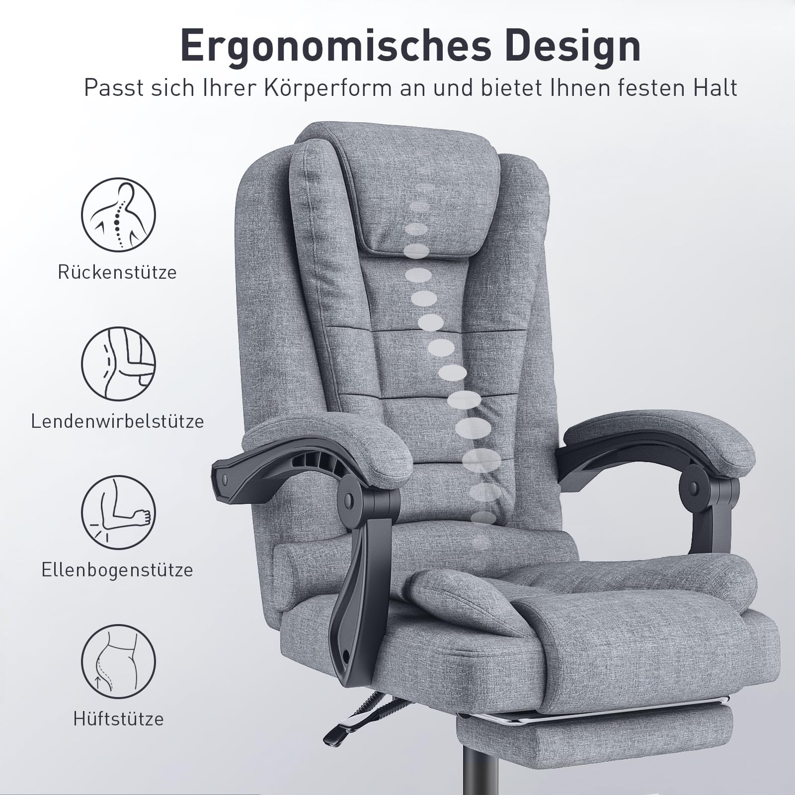 naspaluro Chefsessel Bürostuhl mit Fußstütze Ergonomischer Stuhl Stoff Grau | Schreibtischstuhl mit Hoher Rückenlehne Gepolsterter Armlehnen und Höhenverstellbar Neigefunktion, 360° Drehstuhl für Büro