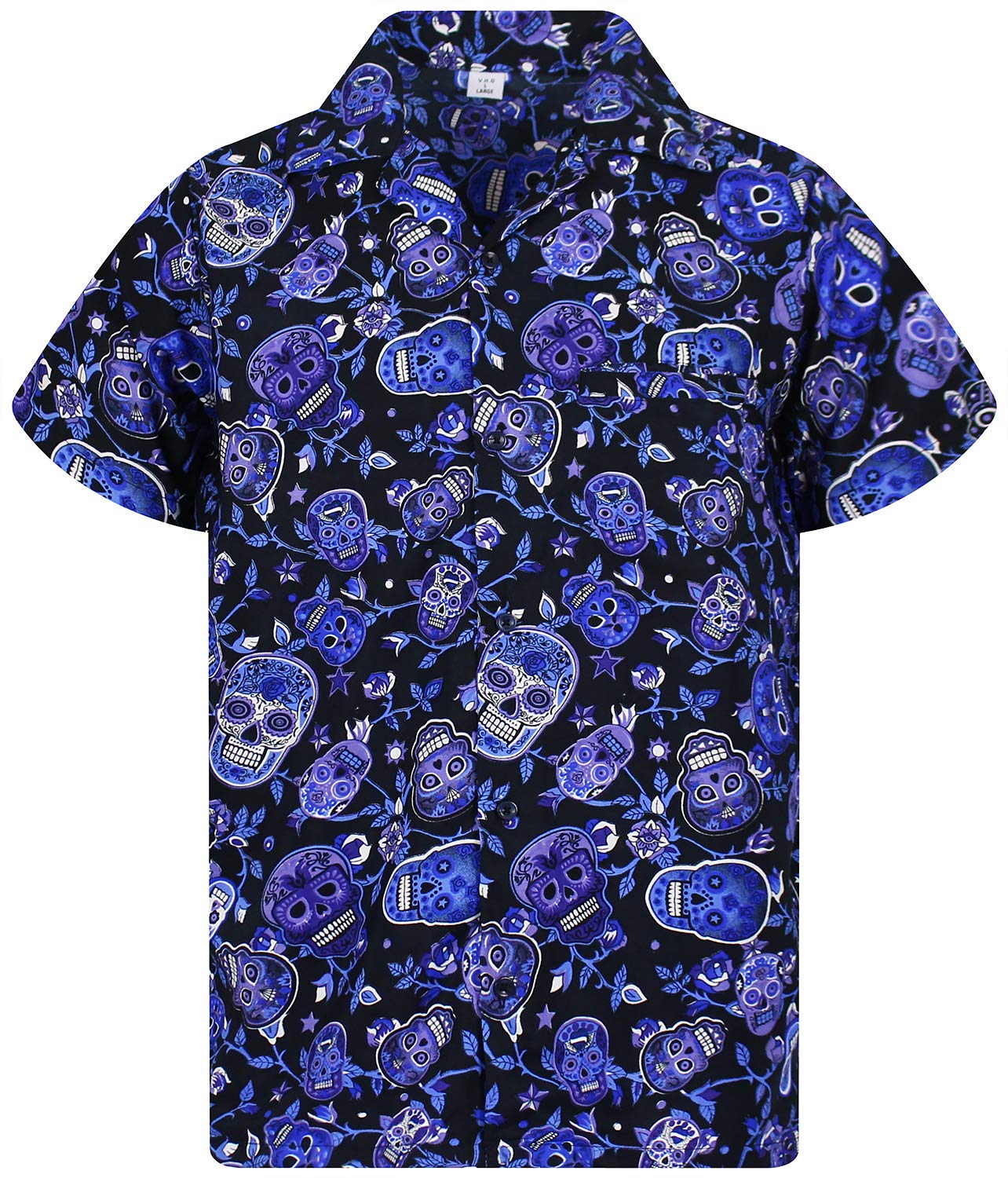 V.H.O.Funky Hawaiian Shirt for Men Short Sleeve Front-Pocket Sugar Skulls Multi Colors