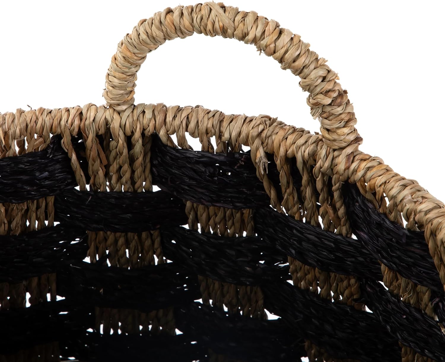 Large Round Checkered Seagrass Storage Basket with Handles, 2 Pack, 17" x 17" x 18" Natural and Black Woven Bins for Blankets, Laundry, Farmhouse Decor