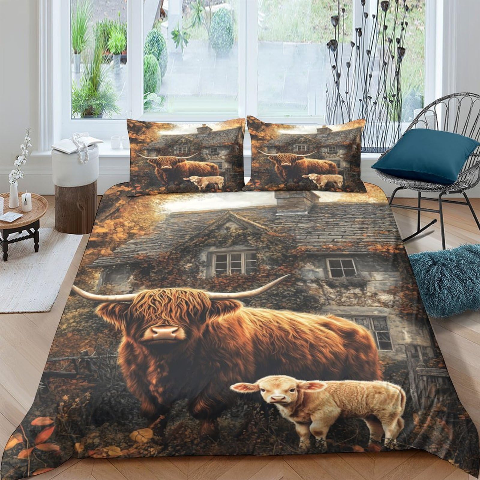 Ctjqhvkz Style-2 3D Printed Highland Cow Farm Scene Fitted Sheet Microfiber Soft Autumn Dog Mattress Cover For Bedroom Guest Room Decor Single（135X200cm）