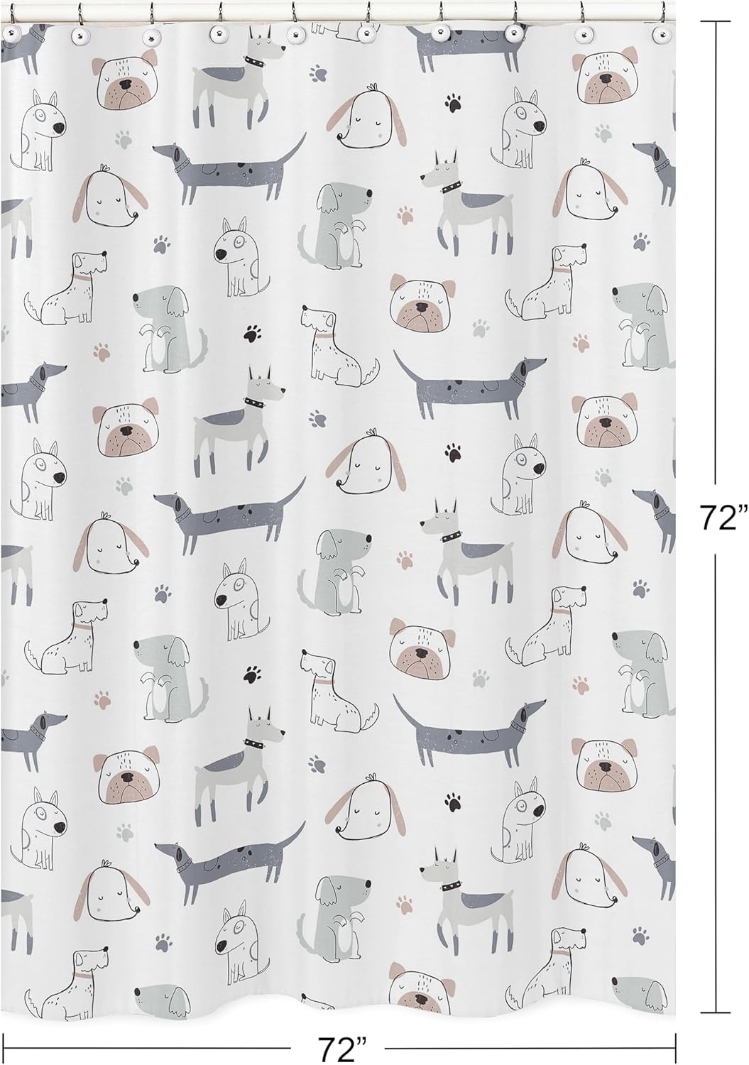 Sweet Jojo Designs Dog Boy Girl Unisex/Gender Neutral Fabric Shower Curtain Bathroom Decor Bath Baby Kid Teen Children 72x72 Grey Taupe Blue Modern Puppy Pet Watercolor Puppies Bulldog Doggy Paw Print