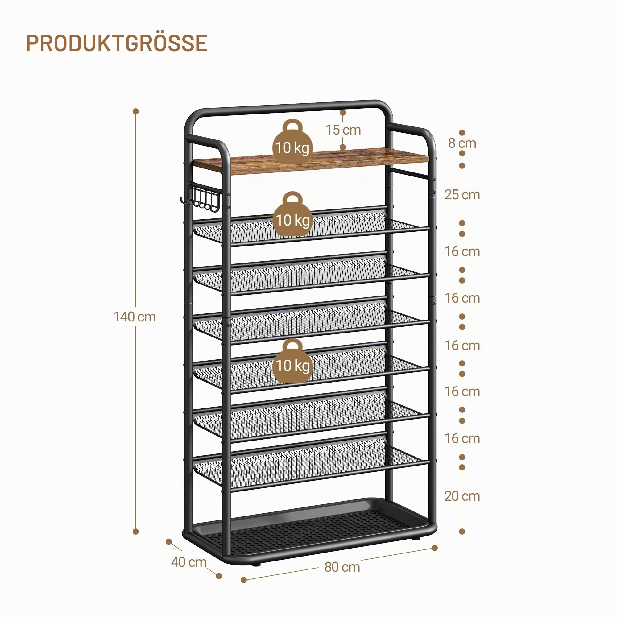 Hzuaneri 8-Stöckiges Schuhregal, 80 cm, 5 Haken, Schuhabtropfschale