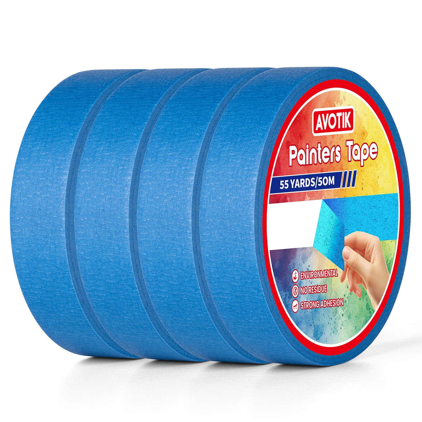 Avotik Blue Painters Tape 4 Rolls: Masking Tape 24 mm Wide x 55 Yards - Painter's Tape Blue Masking Tape for Walls Painting Packing, Wood, Floors, DIY, Total 220 Yards (4 rolls-24mm x 50m)