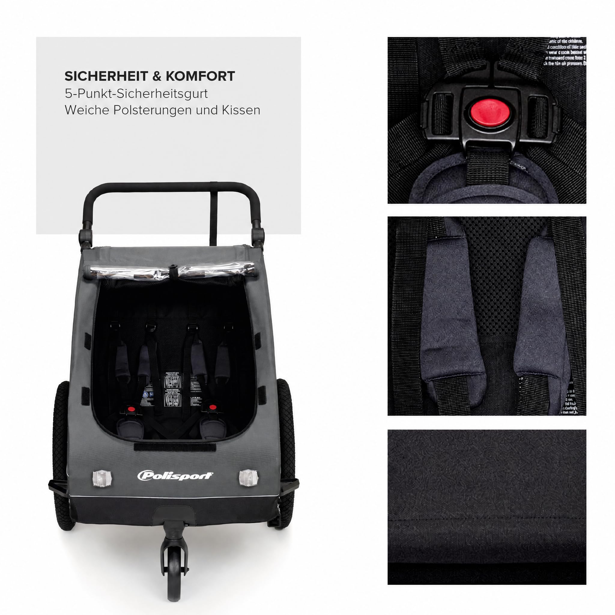 Polisport Kinderfahrradanhänger 2-in-1 mit Kinderwagen, Schwarz/Grau