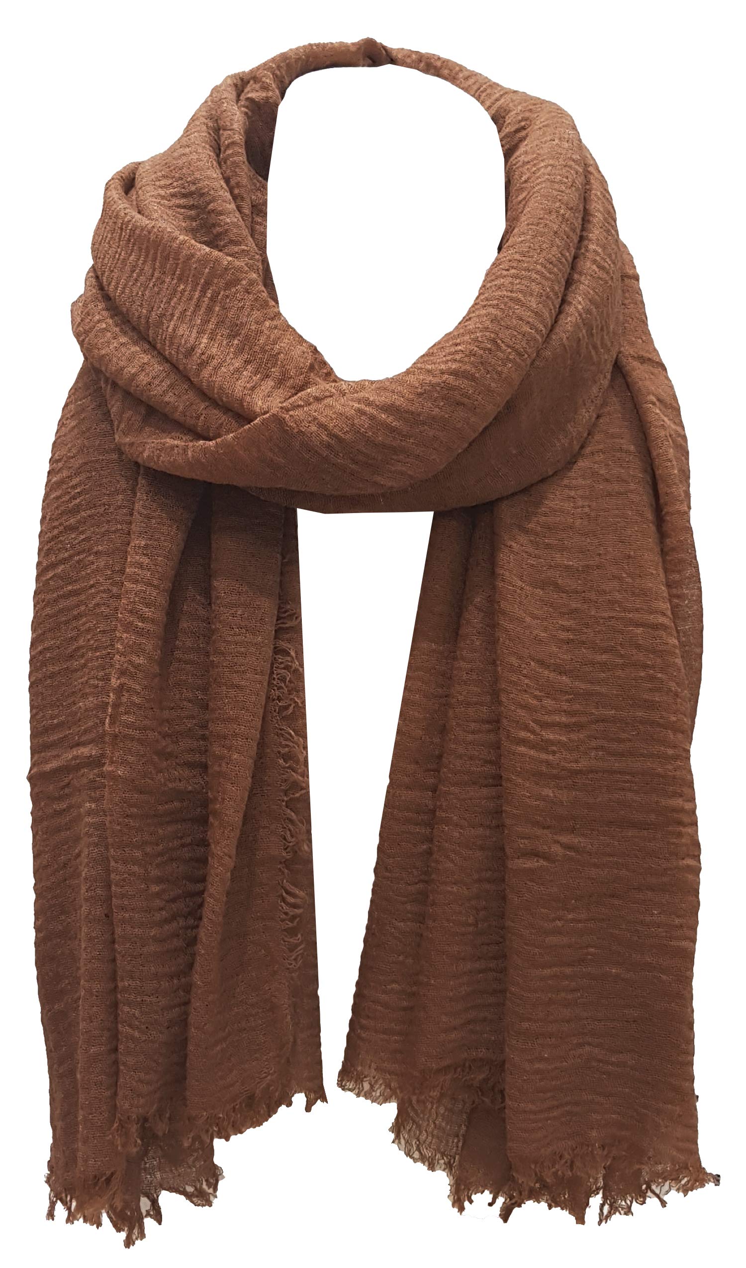 World Of Shawls Women's Light Brown Chic Crinkle Distressed Effect Scarf With Fringed Edges (Light Brown)
