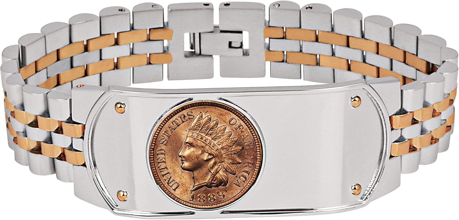 Men's Link Bracelet Two-Tone Stainless Steel with 1800's Indian Head Penny Coin