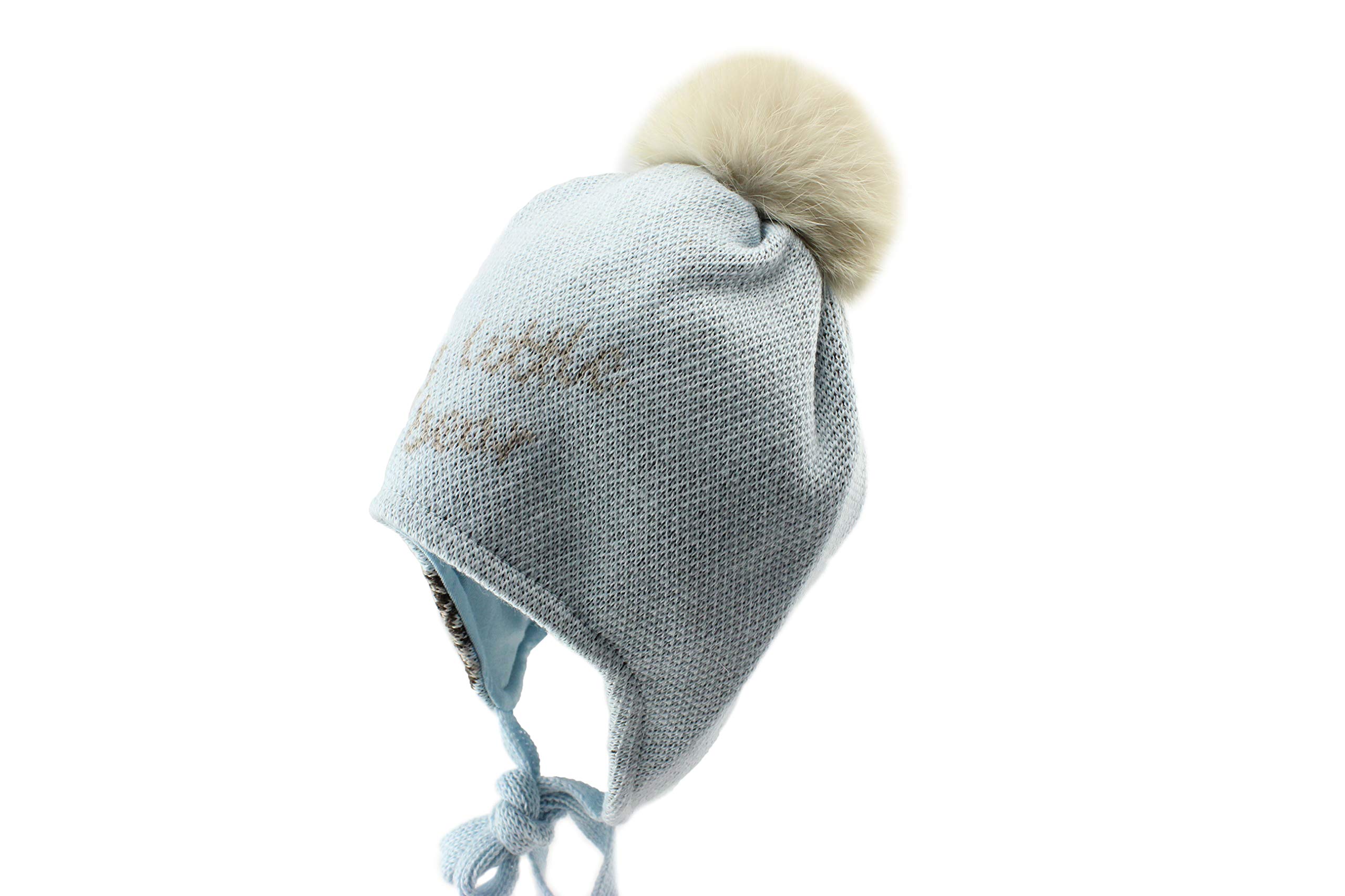Barbaras Boys Blue Warm Ear Flap Winter Natural Fur Pom Pom Beanie Hat