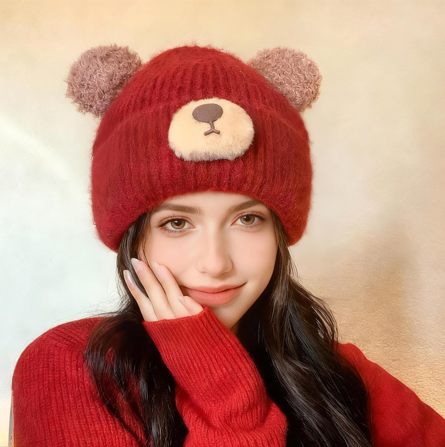 Crochet Beanie Bear Ear Cute Shape Knitted Hats Warm Plush Slouchy Winter Hat Skin-Friendly Fuzzy Animal Skull Cap - Image 3