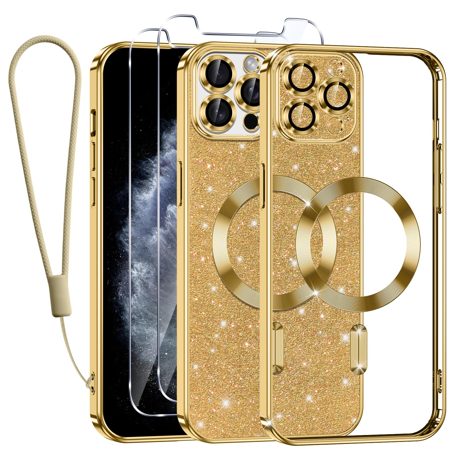 Kokio Funda Glitter Magnética para iPhone 11 Pro con Cuerda [Compatible con MagSafe] Brillante Silicona Funda para iPhone 11 Pro con 2 Piezas Cristal Templado Anti-Choque Carcasa, Oro