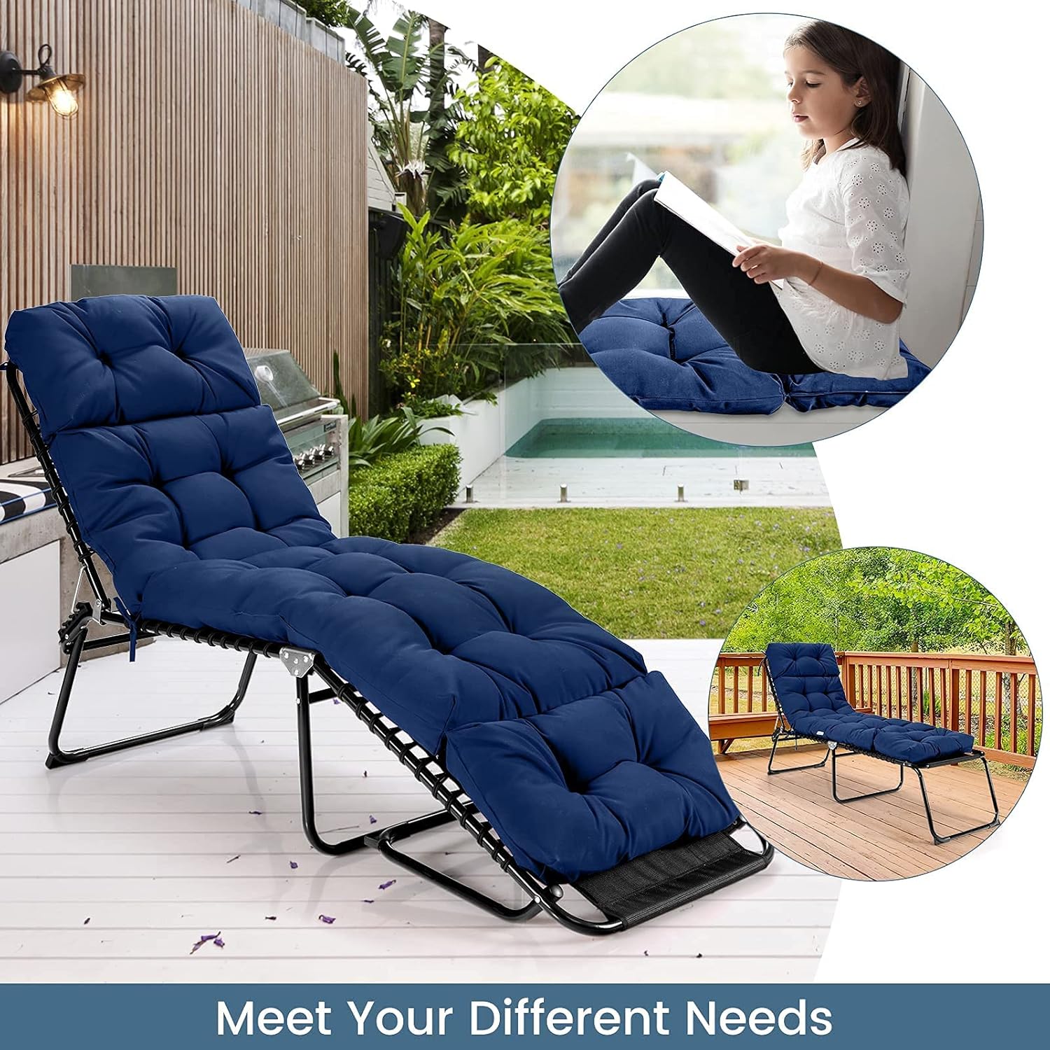GRAFFY Patio Chaise Lounge Cushion, 72" x 22" x 4" Lounge Chair Cushion, Tufted Lounger Cushion with 4 String Ties, Thickened Oil-Proof, for Terrace, Poolside Outdoor Indoor (Navy)