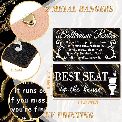 Miniatura 2 de 2 piezas divertidas de decoración de pared de baño letrero de madera rústico para decoración de baño reglas de baño placa de madera rústica para