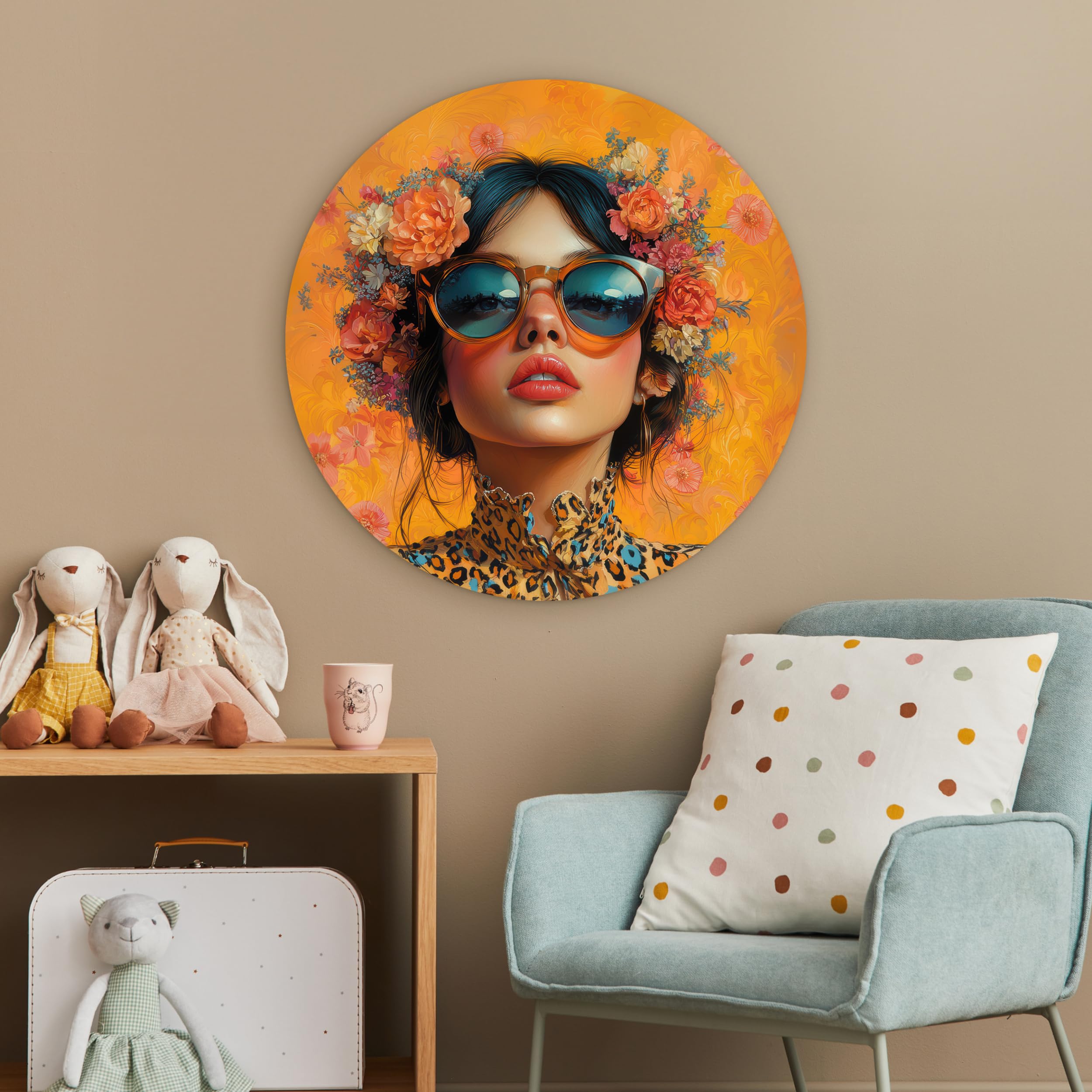 MuchoWow© Wandkreis Ø60 cm Home Decor Modern Dekoration Deko Wandbilder Wanddekoration Zimmerdeko Wohnung Wall XXL Wohnzimmer Schlafzimmer Frau - Blumen - Ästhetik - Orange