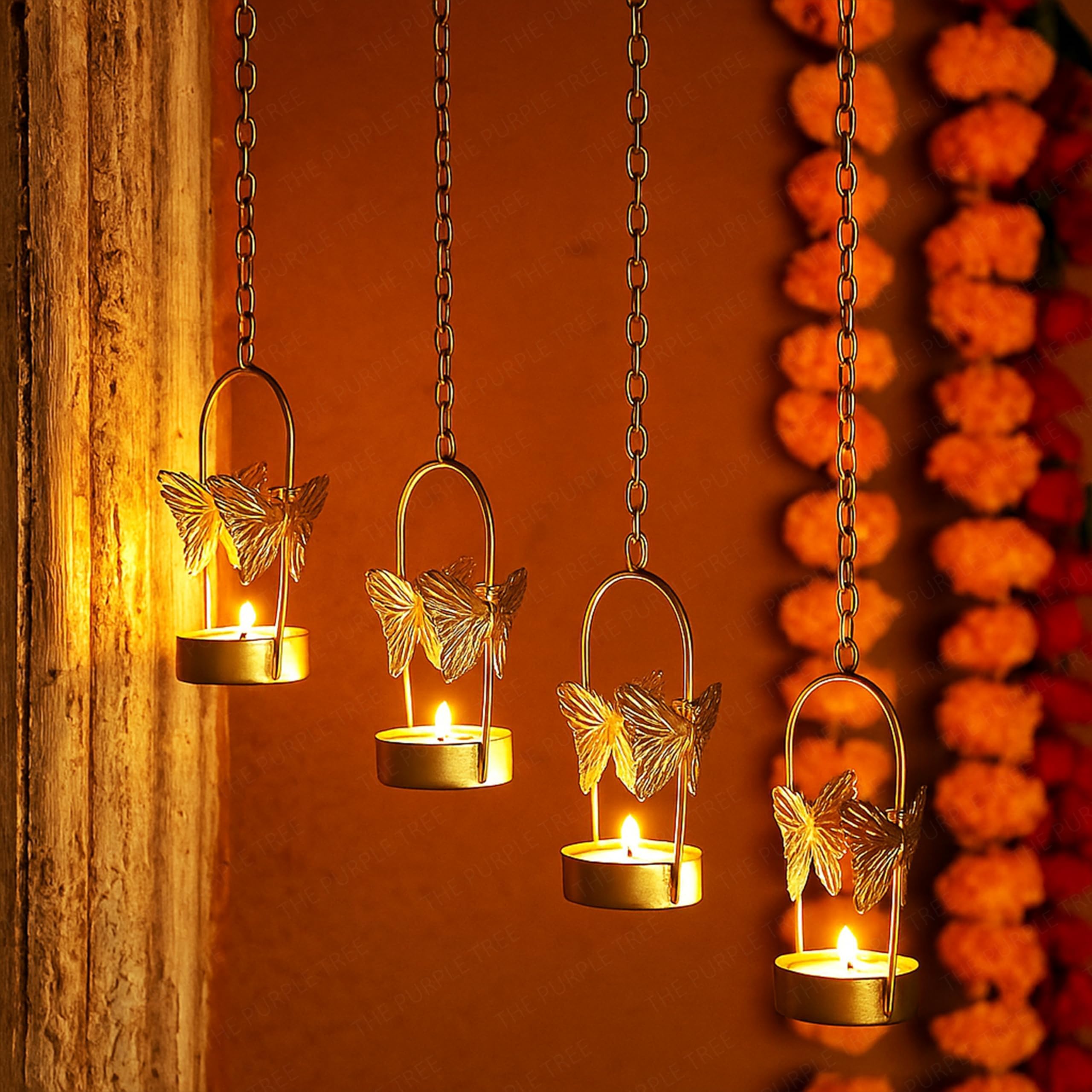 The Purple Tree Aluminium Hanging Butterfly Tealight Candle Holders Combo Pack (Pack of 4)