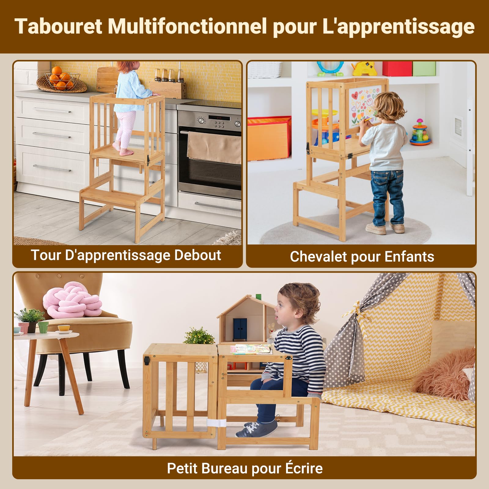 COSYLAND Tour d’Observation Enfant 3-en-1 Montessori en Bambou – Chaise d’Apprentissage Sécurisée Bébé avec Double Dispositif de Sécurité et Design Breveté – Couleur Classic Natural