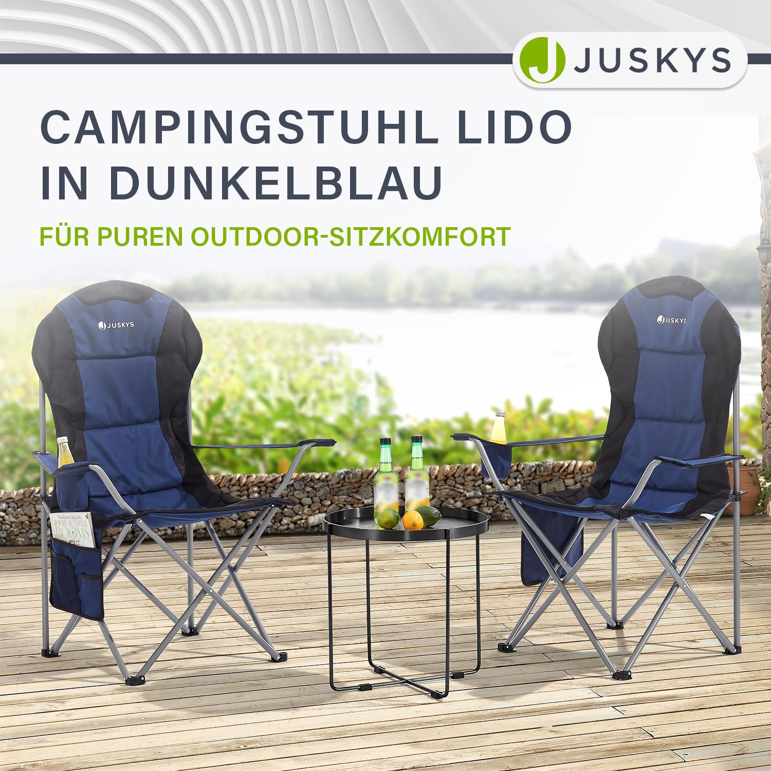 Juskys® Campingstuhl Lido faltbar inkl. Getränkehalter, Seitentasche & Tragetasche - Camping Klappstuhl gepolstert mit Armlehne & Rückenlehne - 4 Farben