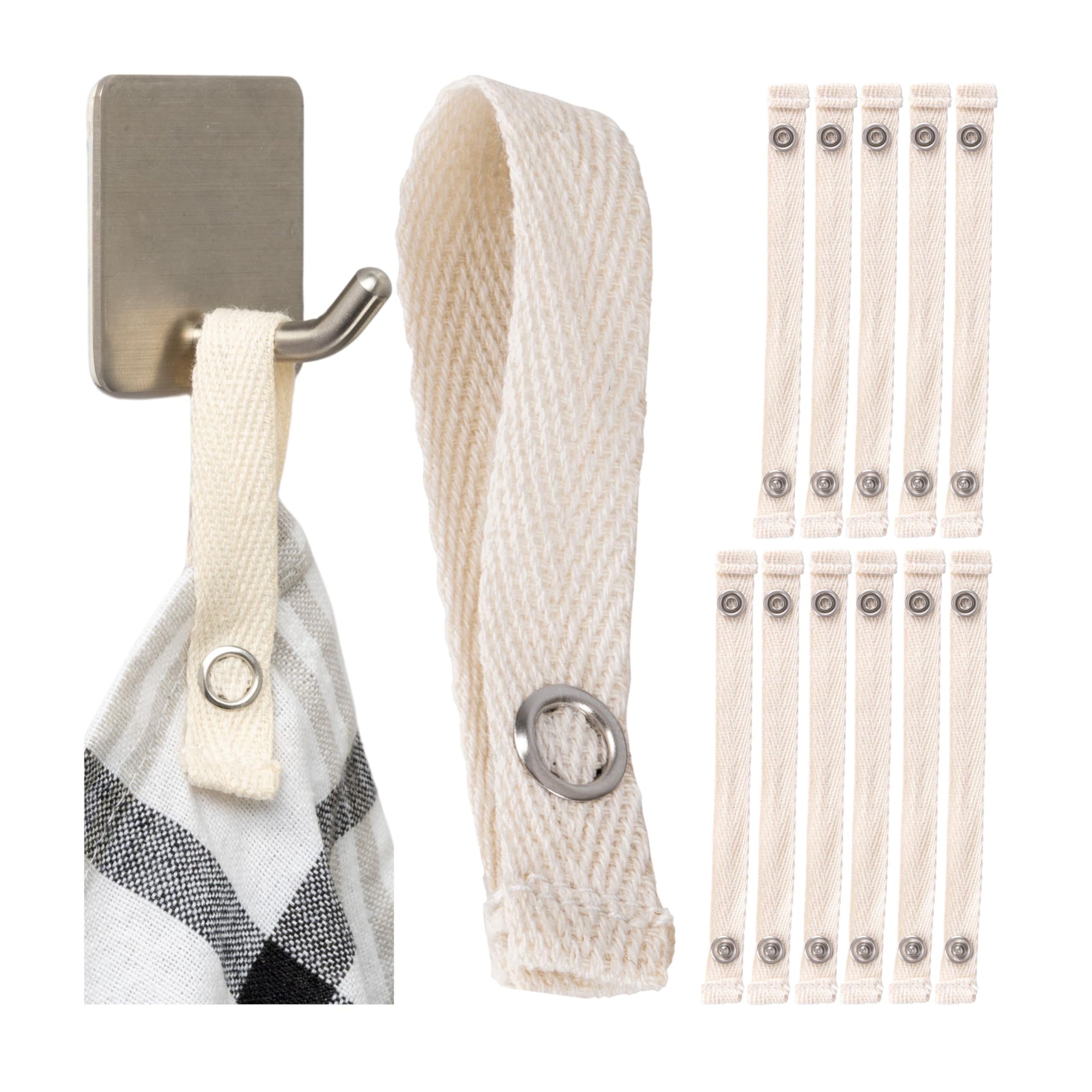 Your Day Mate No-sew Hangers for Textiles, 12 Pack, 150 x 12 mm Loops, in White, Made of Cotton, Press Stud Fastener, Hanger tabs for Tea Towel, Bath Towel, Cloth, Cloth, Decoration, Camping